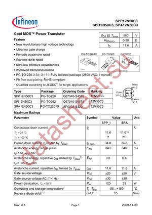SPA12N50C3 datasheet  